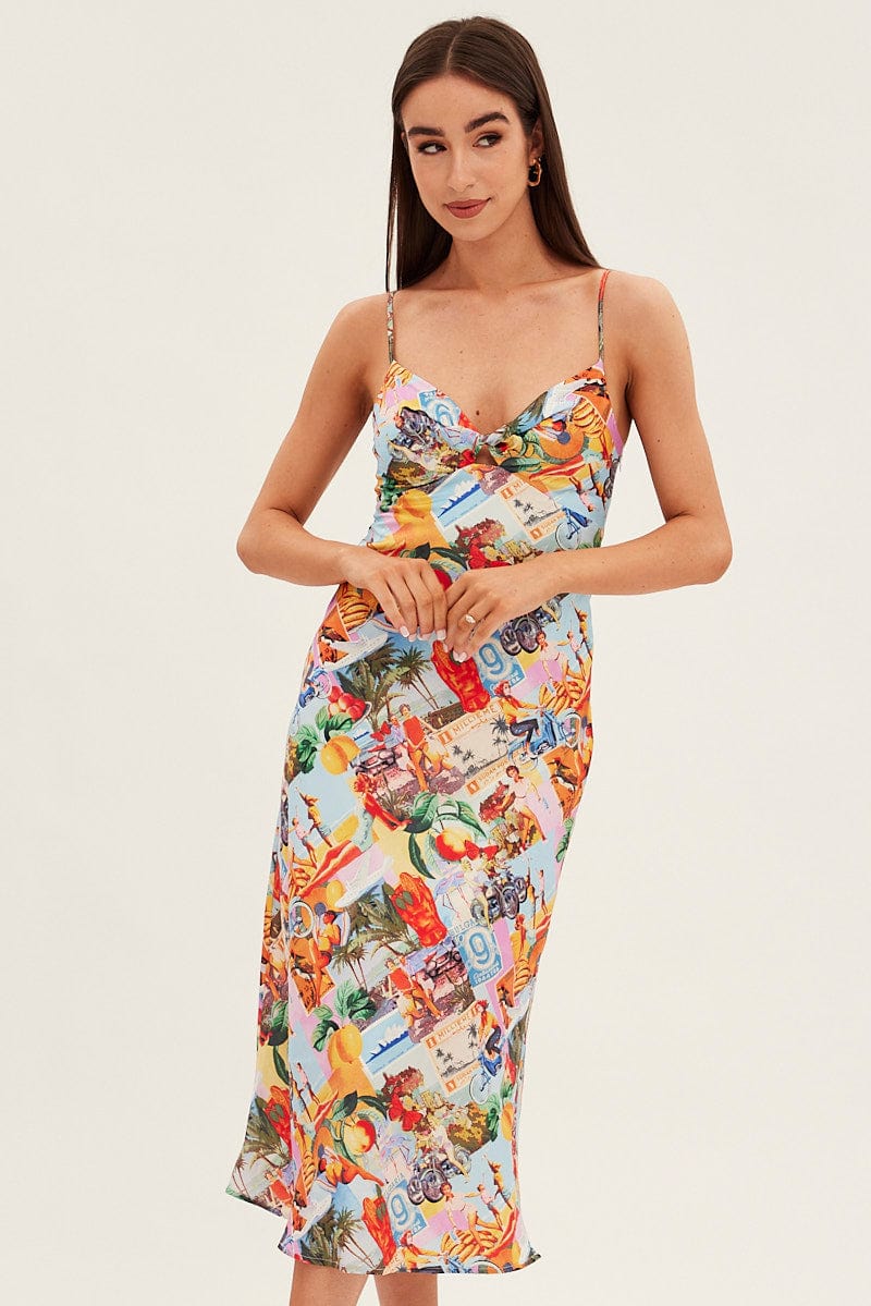 Orange Abstract Slip Dress Satin Midi Postcard Holiday Print | Ally Fashion Orange Abstract Slip Dress Satin Midi Postcard Holiday Print | Ally Fashion