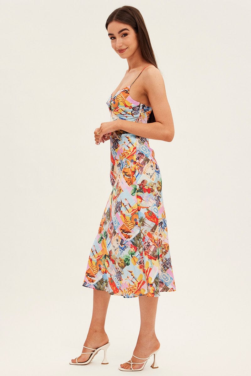 Orange Abstract Slip Dress Satin Midi Postcard Holiday Print | Ally Fashion Orange Abstract Slip Dress Satin Midi Postcard Holiday Print | Ally Fashion