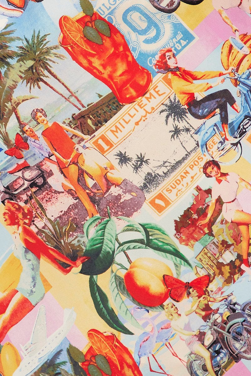 Orange Abstract Slip Dress Satin Midi Postcard Holiday Print for Ally Fashion