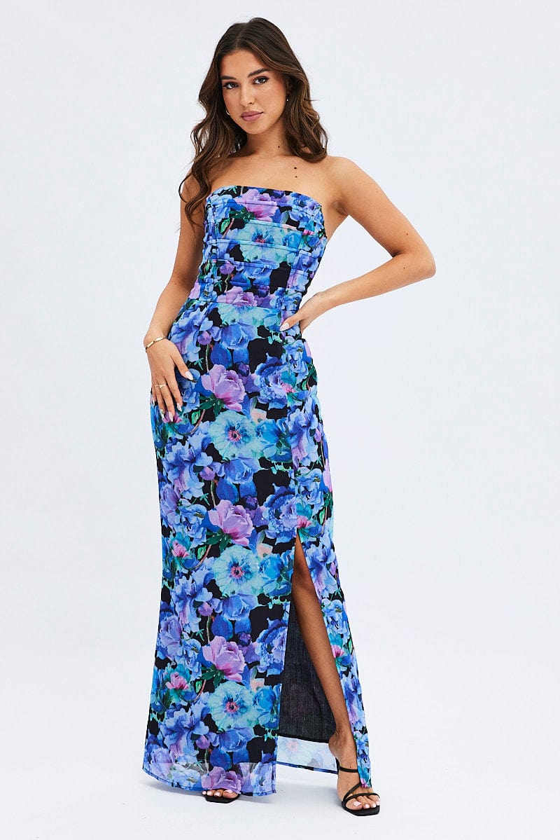 Multi Floral Bandeau Strapless Side Split Chiffon Maxi Dress for Ally Fashion