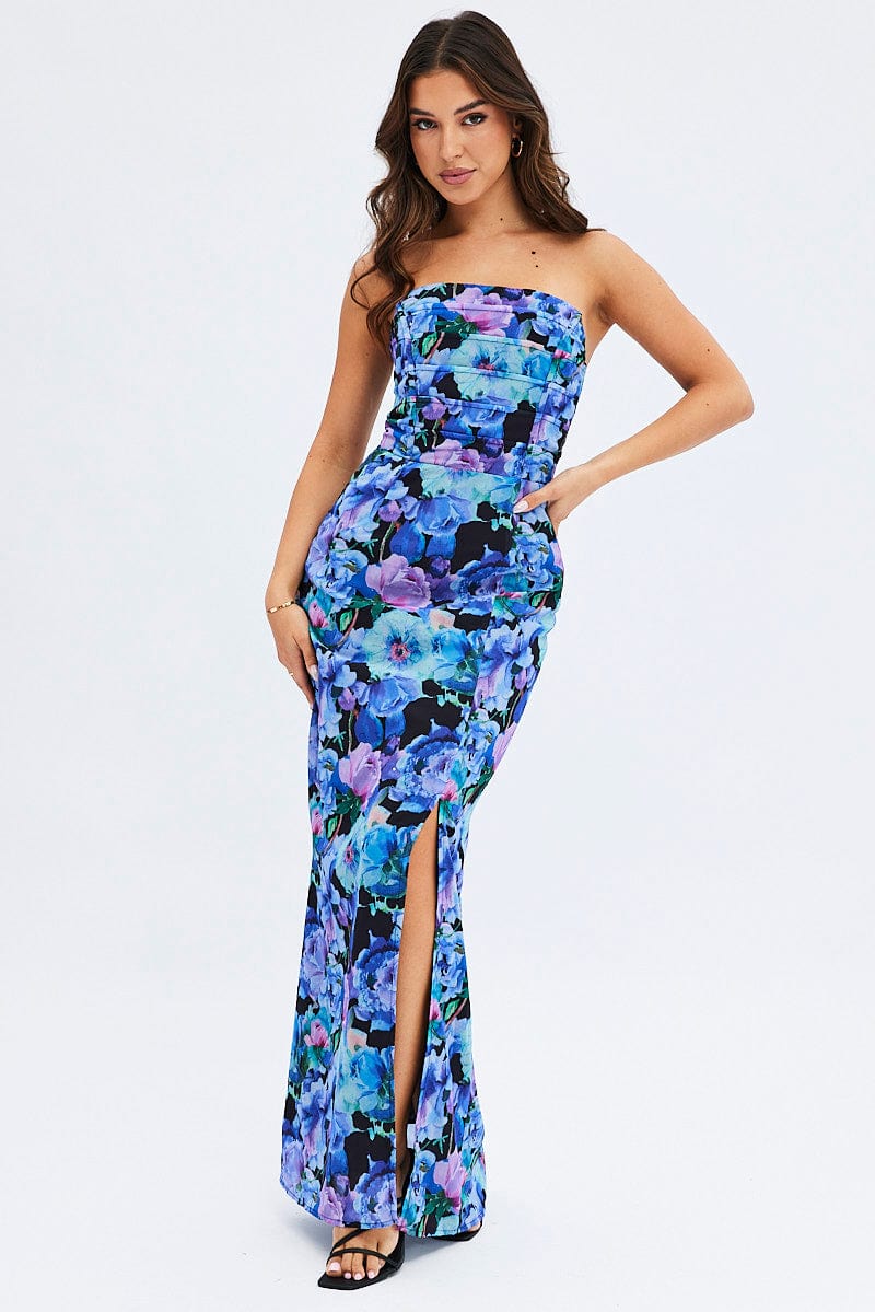 Multi Floral Bandeau Strapless Side Split Chiffon Maxi Dress for Ally Fashion