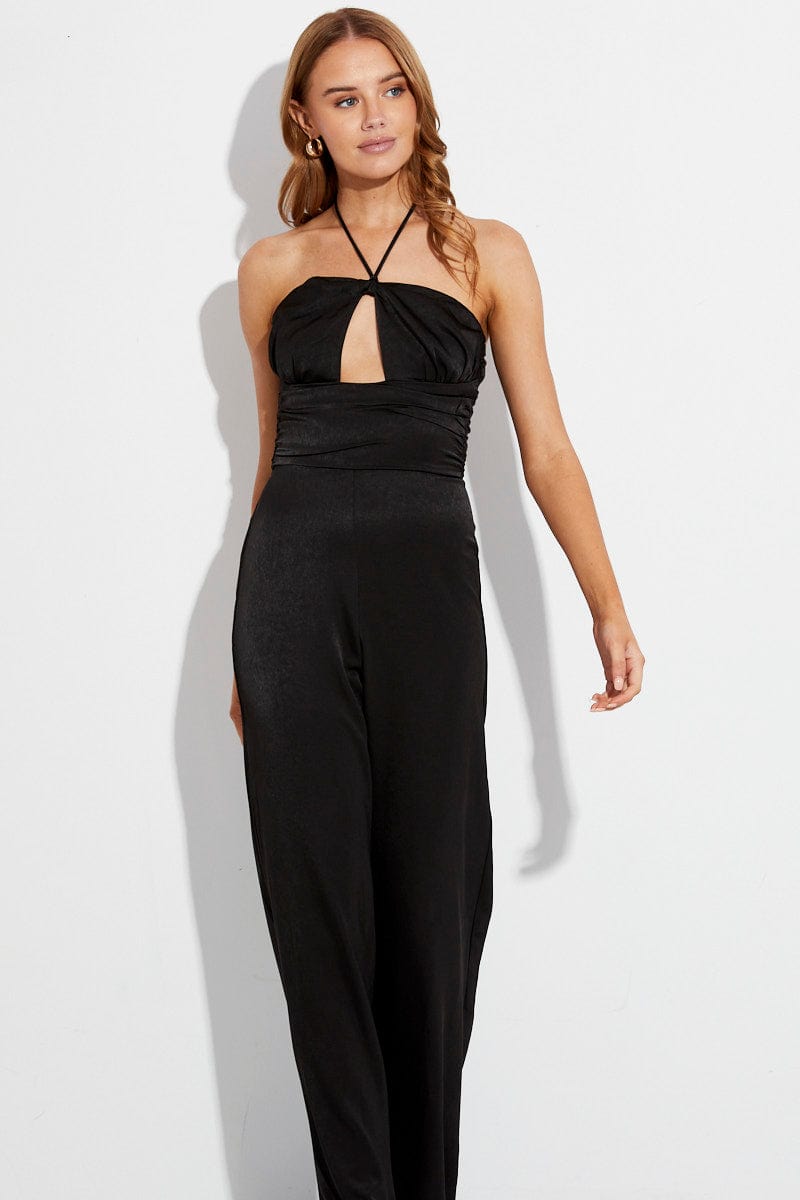 Black Halter Neck Keyhole Slinky Jumpsuit for Ally Fashion