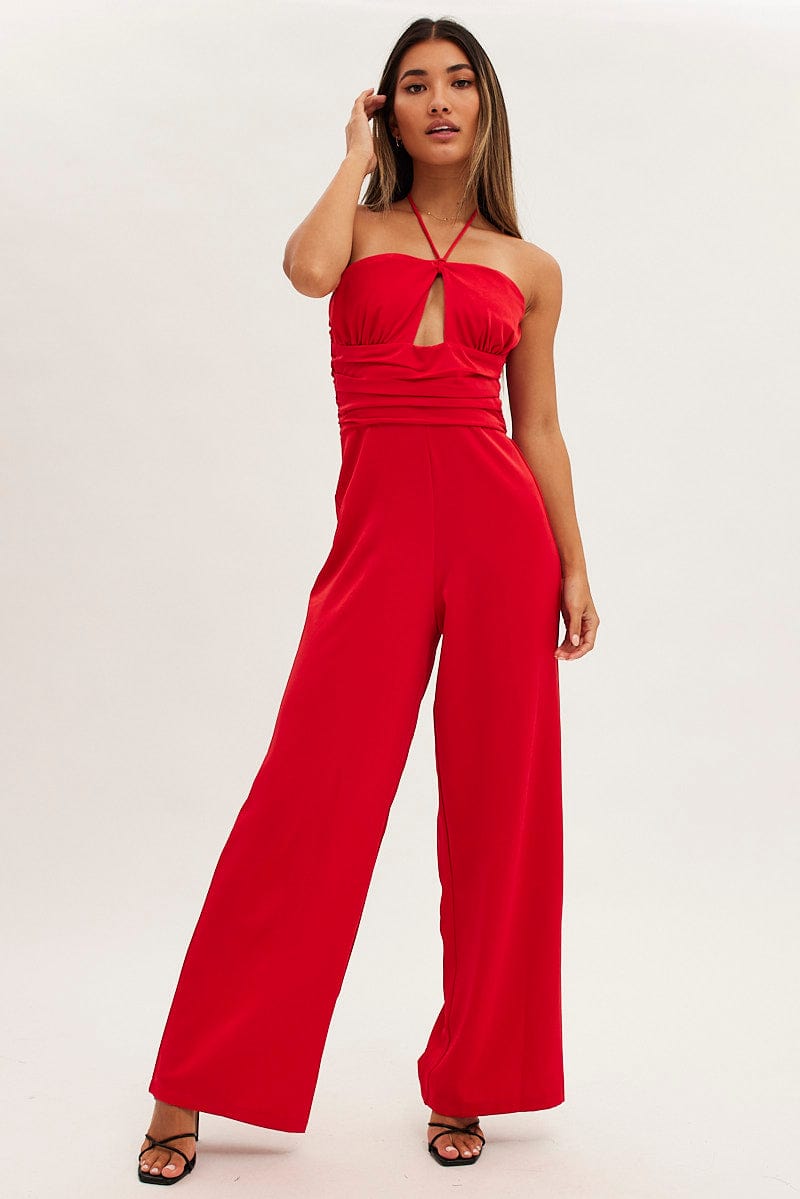 Red Keyhole Jumpsuit Slinky Wide Leg for Ally Fashion