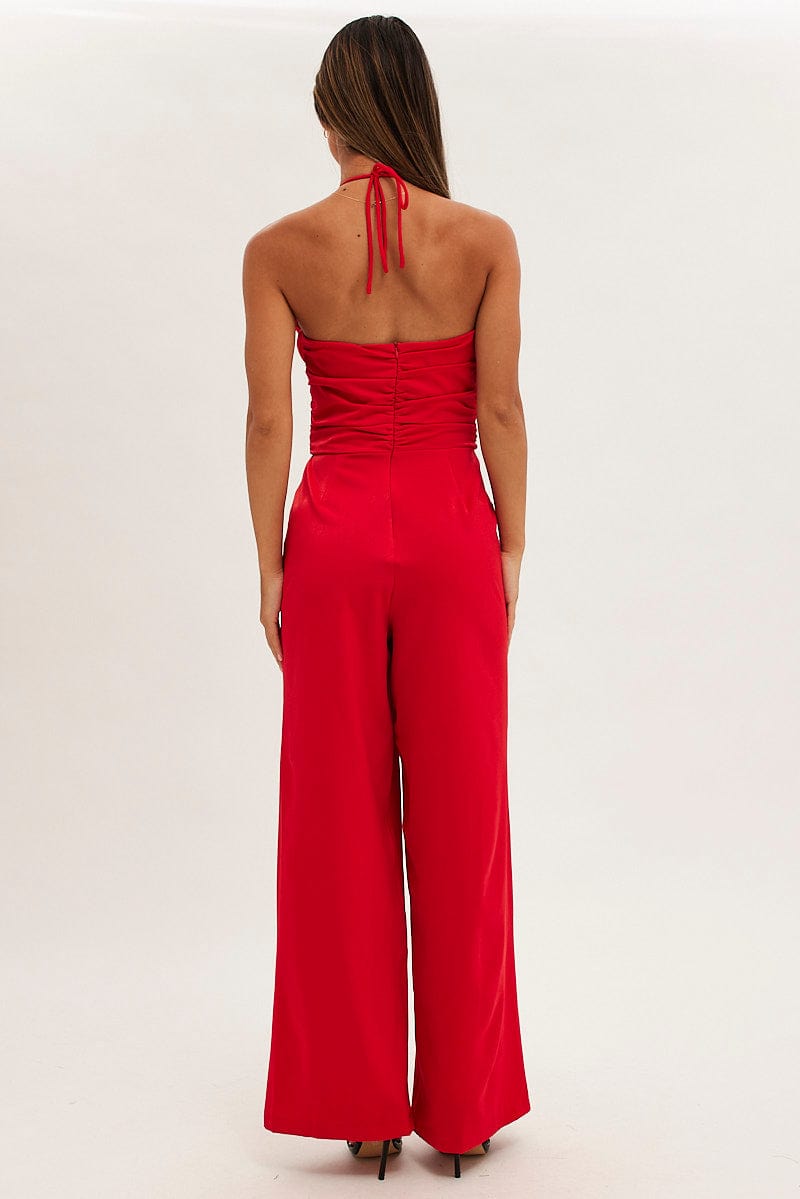 Red Keyhole Jumpsuit Slinky Wide Leg for Ally Fashion
