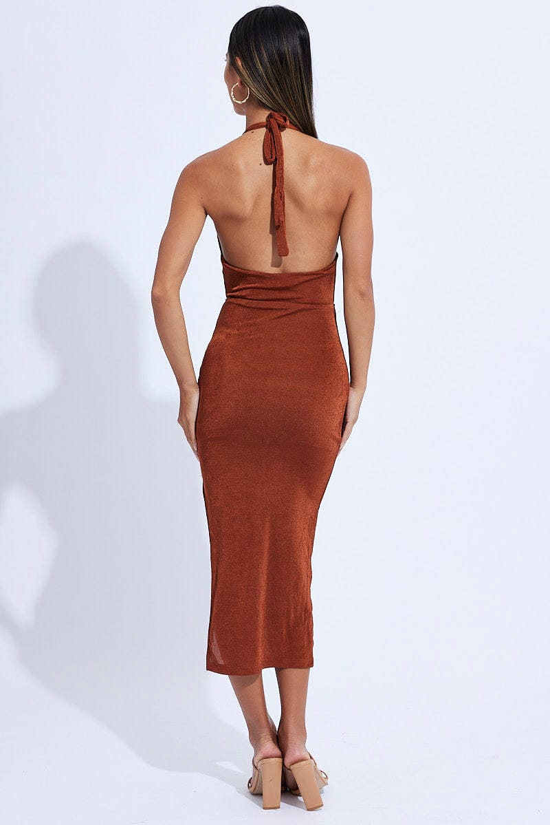 Brown Midi Dress Slinky Jersey for Ally Fashion