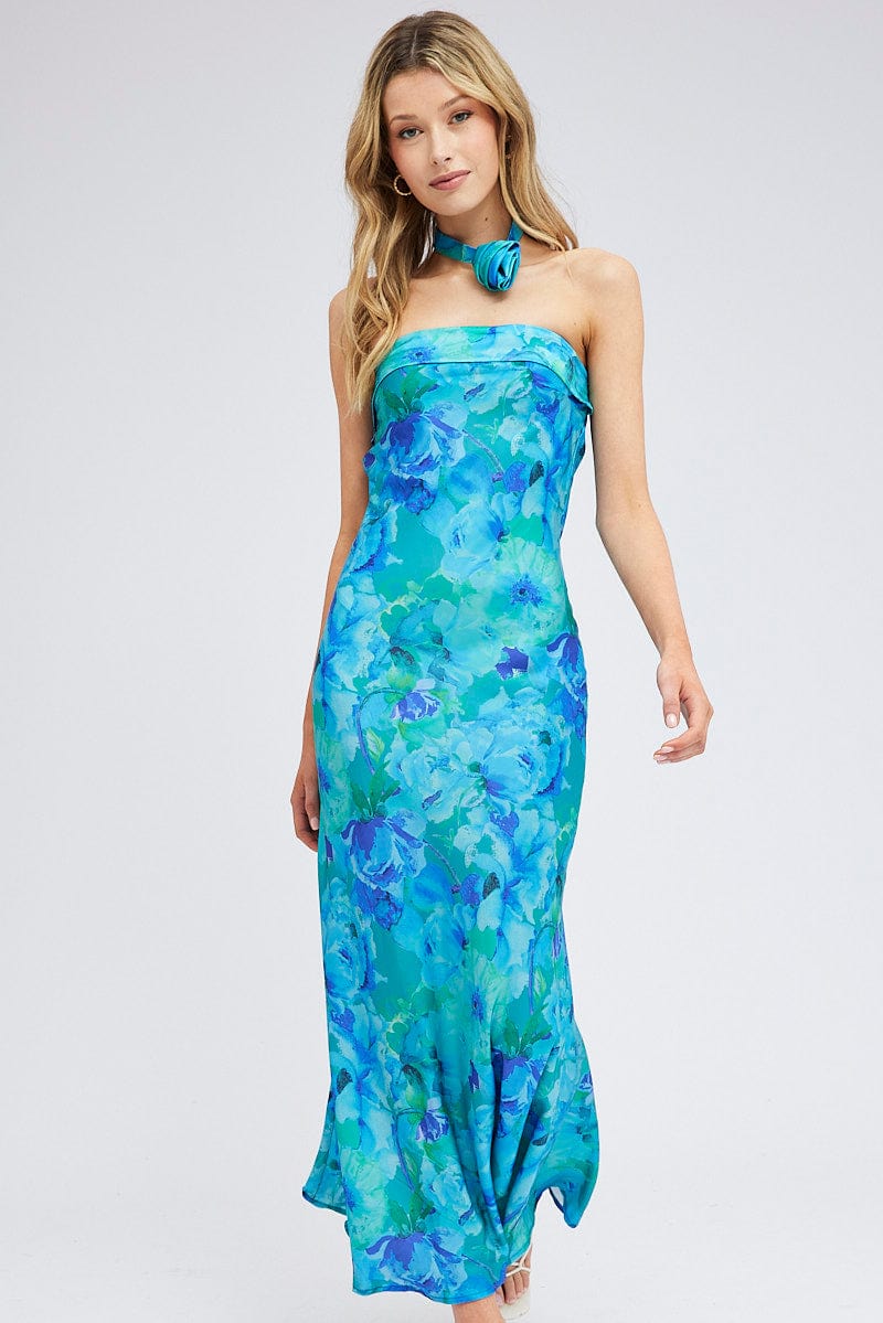 Blue Floral Bandeau Strapless Maxi Dress Rosette Choker for Ally Fashion