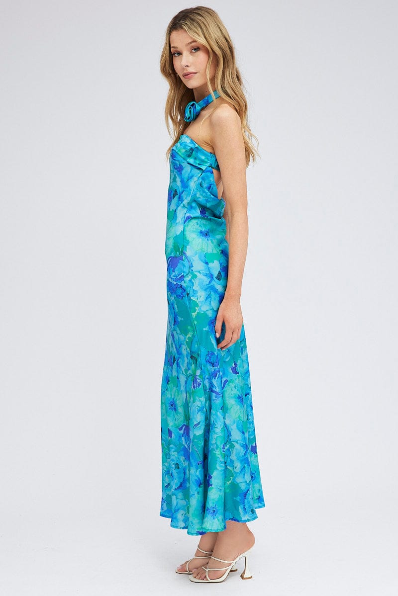 Blue Floral Bandeau Strapless Maxi Dress Rosette Choker for Ally Fashion