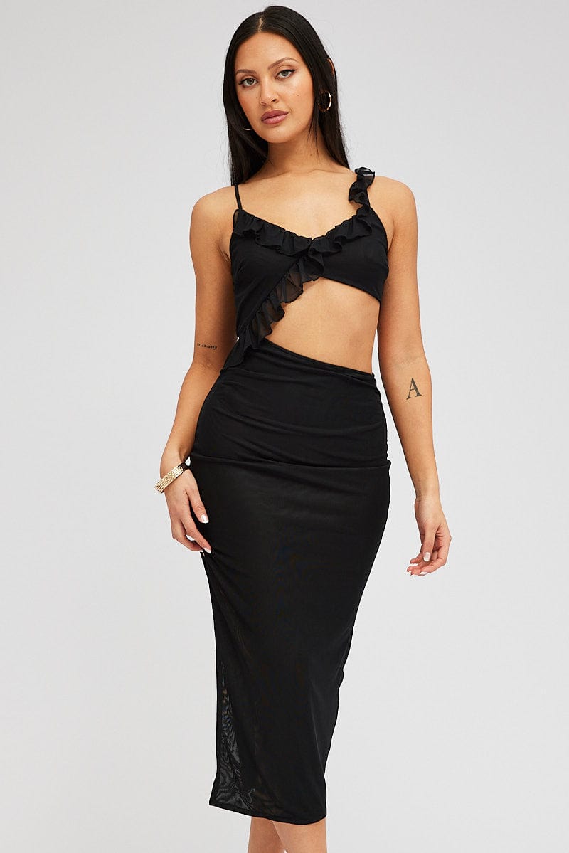 Black Midi Dress Asymmetric Ruffle Cut Out for Ally Fashion