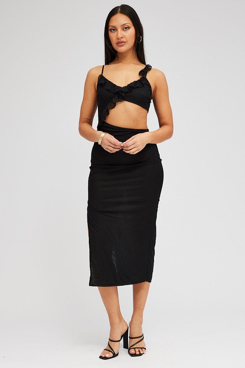 Black Midi Dress Asymmetric Ruffle Cut Out for Ally Fashion