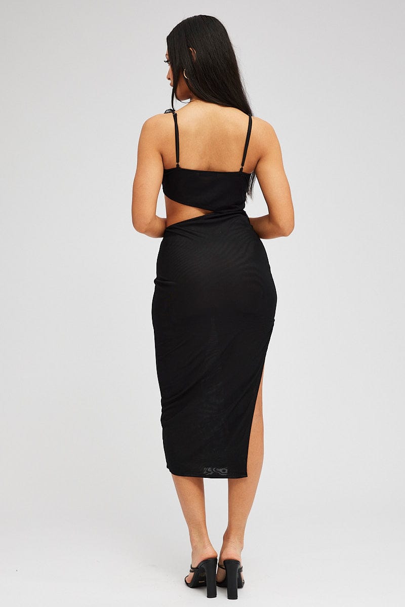 Black Midi Dress Asymmetric Ruffle Cut Out for Ally Fashion
