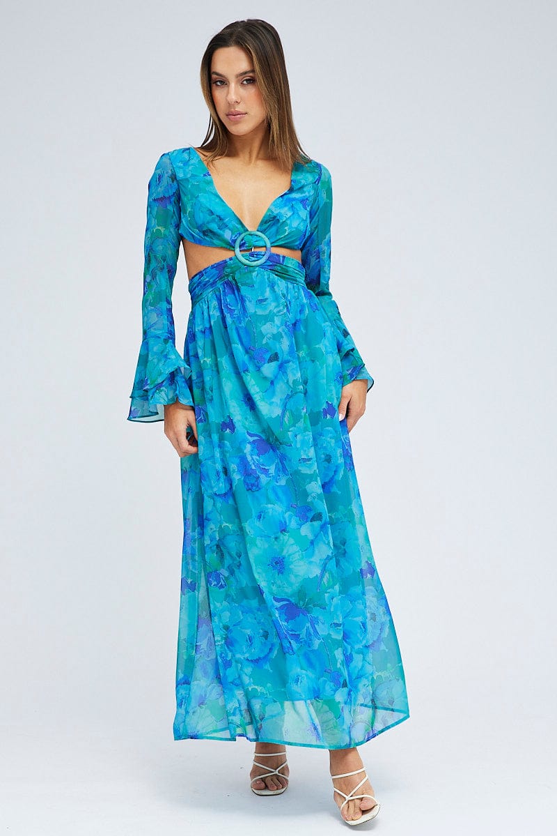 Blue Floral Maxi Dress Flared Sleeve Ring Detail Chiffon for Ally Fashion