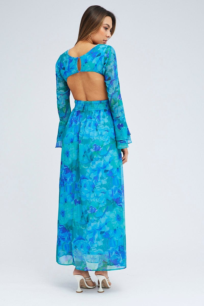 Blue Floral Maxi Dress Flared Sleeve Ring Detail Chiffon | Ally Fashion Blue Floral Maxi Dress Flared Sleeve Ring Detail Chiffon | Ally Fashion