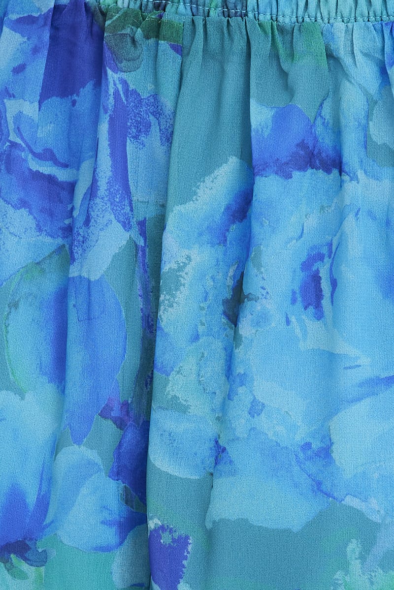 Blue Floral Maxi Dress Flared Sleeve Ring Detail Chiffon for Ally Fashion