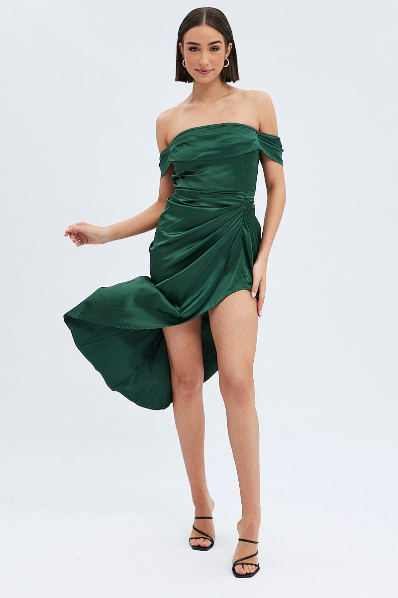 Green Dress Bardot Draped Satin for Ally Fashion