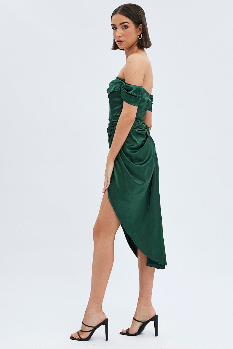 Green Dress Bardot Draped Satin for Ally Fashion