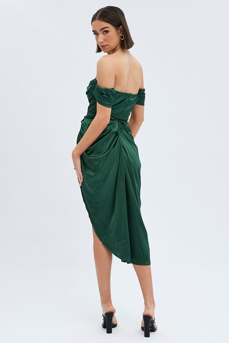 Green Dress Bardot Draped Satin for Ally Fashion