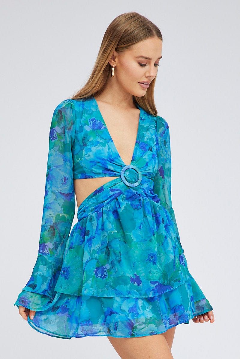 Blue Floral Dress Balloon Sleeve Lace Up Back Ring Chiffon for Ally Fashion