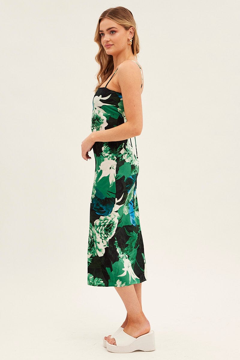 Green Floral Slip Dress Midi Strappy Back Floral Satin for Ally Fashion