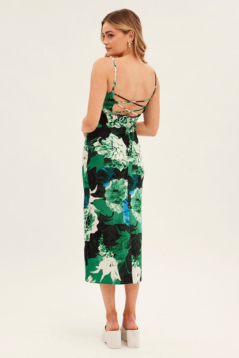 Green Floral Slip Dress Midi Strappy Back Floral Satin for Ally Fashion