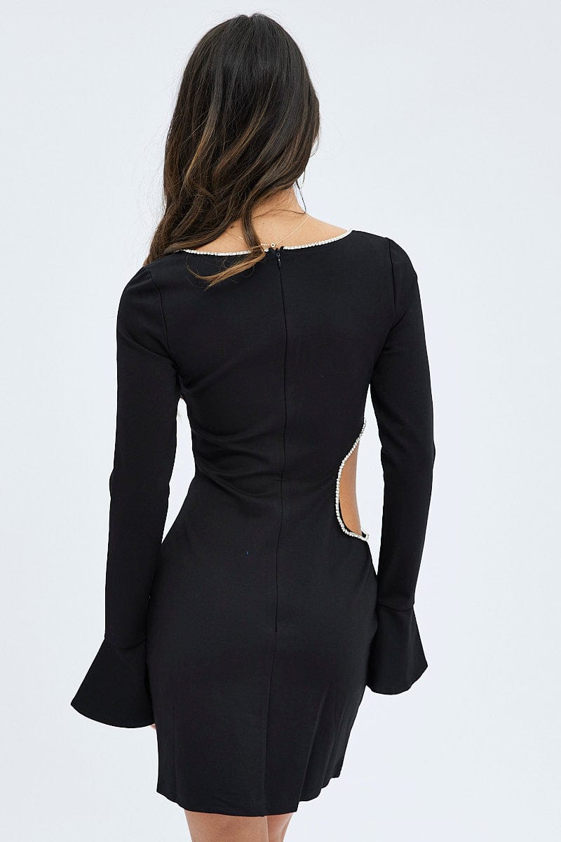 Black Flared Sleeve Cut Out Diamante Mini Dress for Ally Fashion