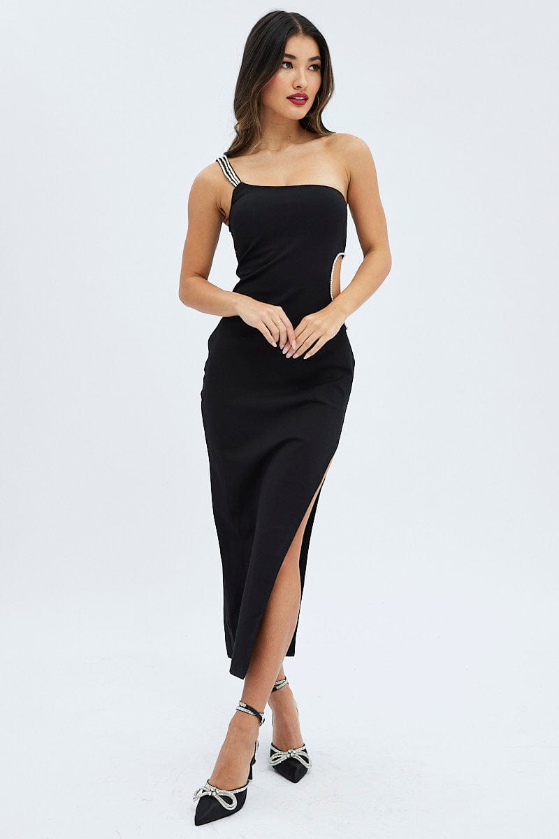 Black One Shoulder Diamonte Trim Cut Out Maxi Dress for Ally Fashion