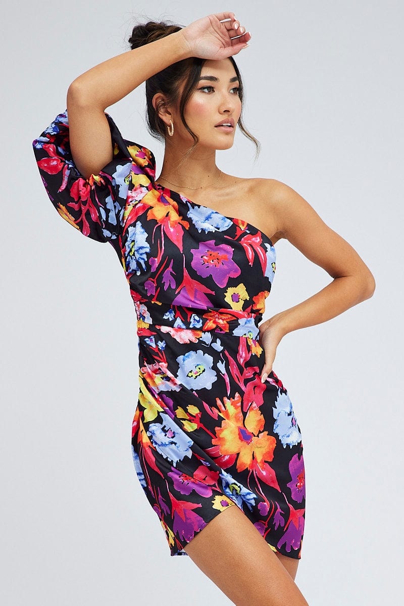 Multi Floral One Shoulder Puff Sleeve Statement Mini Dress for Ally Fashion