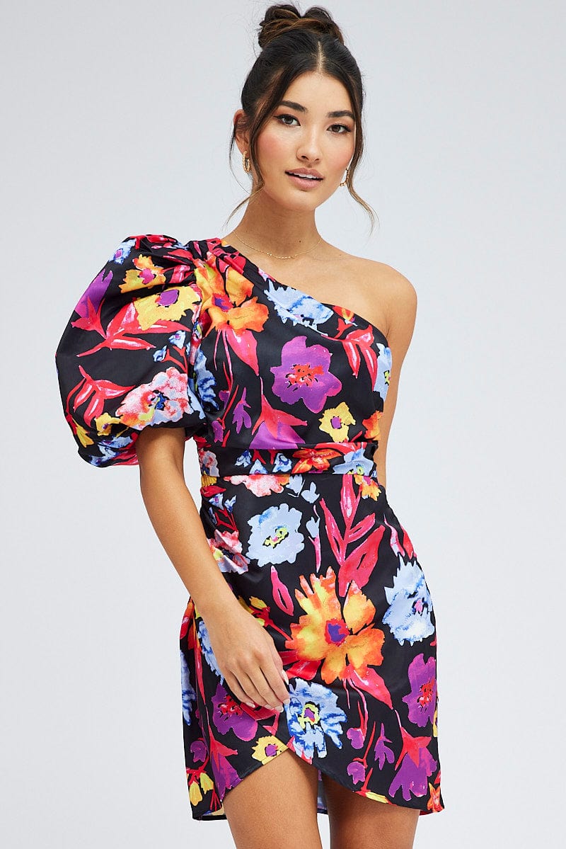 Multi Floral One Shoulder Puff Sleeve Statement Mini Dress for Ally Fashion