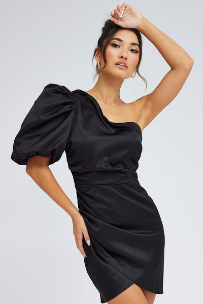 Black One Shoulder Puff Sleeve Statement Dress | Ally Fashion