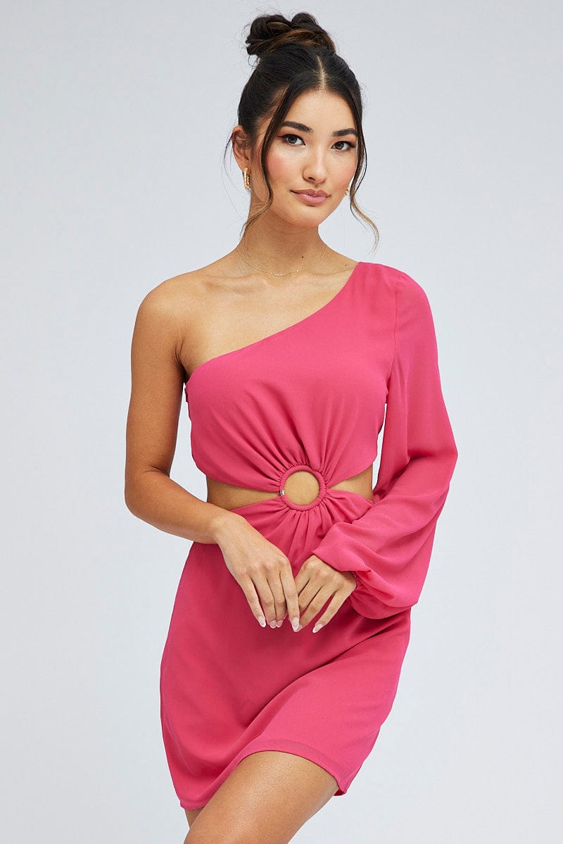 Pink Fuchsia One Shoulder Ring Detail Dress for Ally Fashion