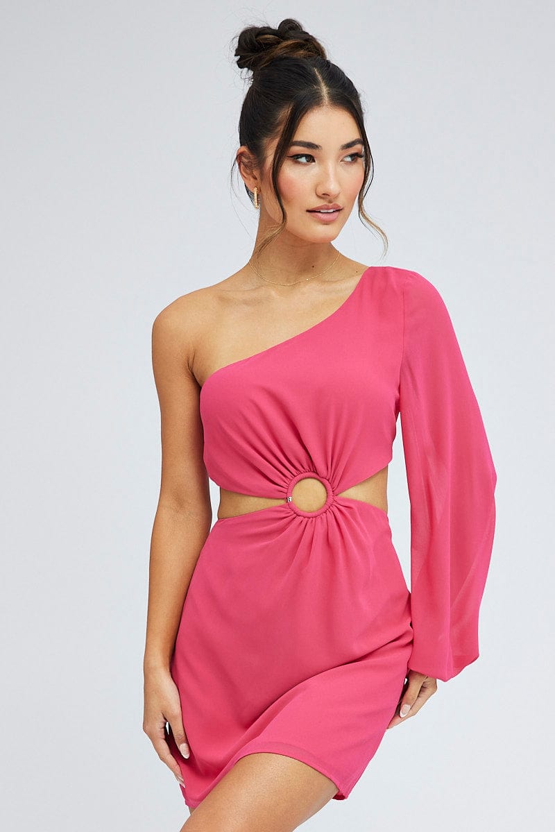 Pink Fuchsia One Shoulder Ring Detail Dress for Ally Fashion