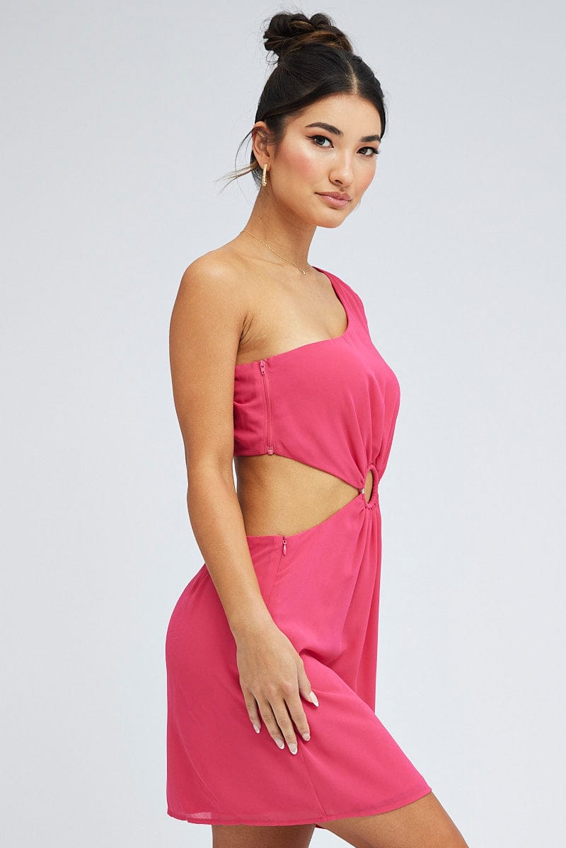 Pink Fuchsia One Shoulder Ring Detail Dress for Ally Fashion