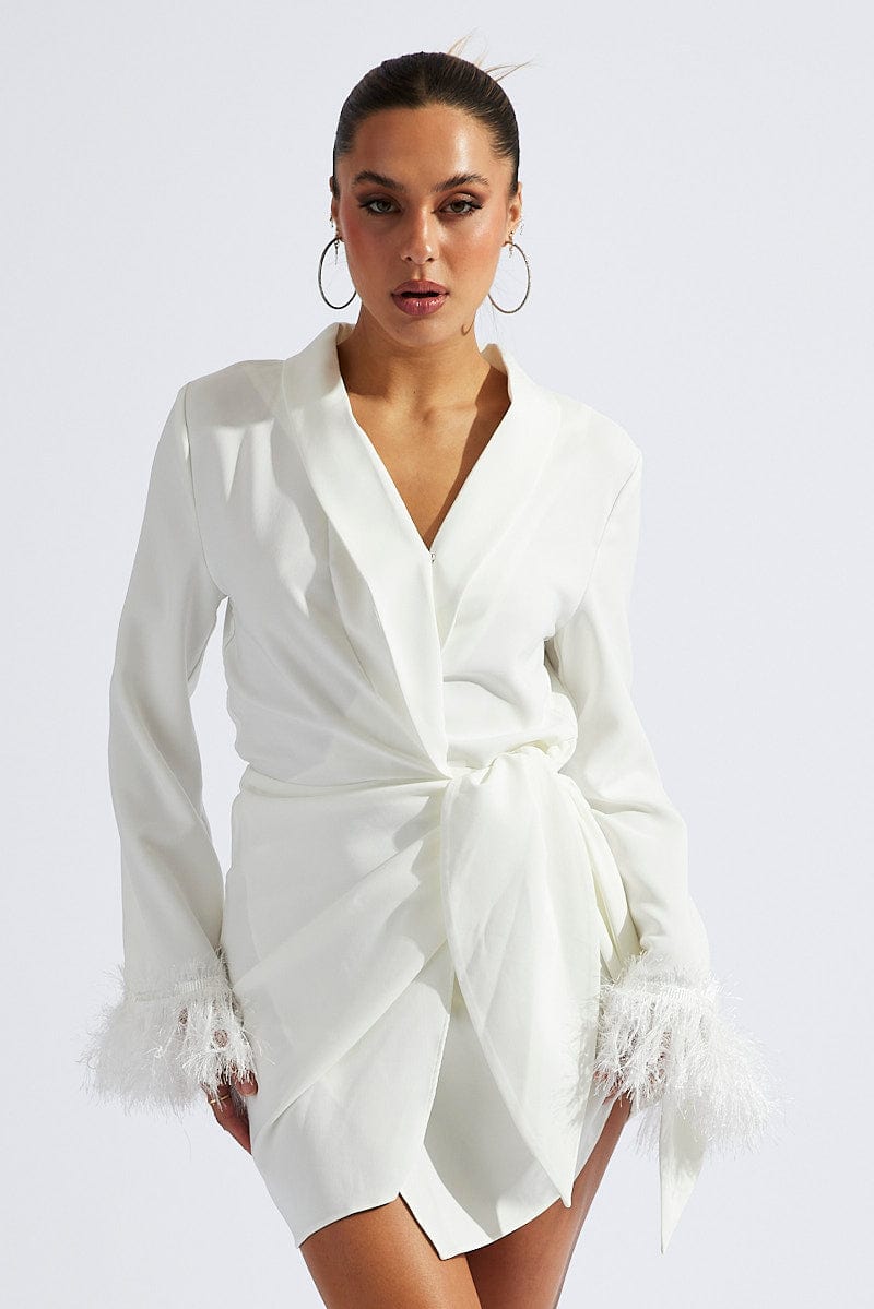 White Wrap Dress Long Sleeve Faux Feather Cuffs for Ally Fashion