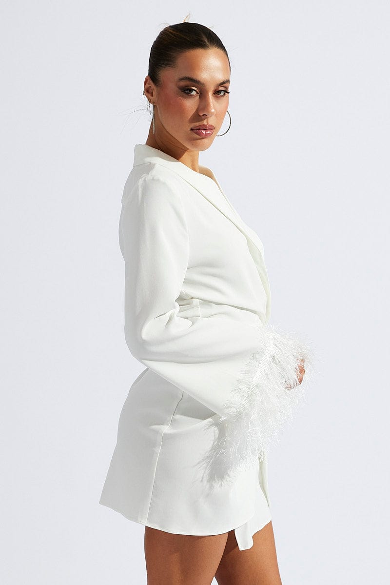 White Wrap Dress Long Sleeve Faux Feather Cuffs for Ally Fashion