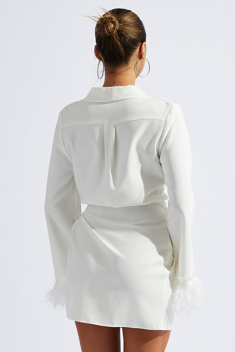 White Wrap Dress Long Sleeve Faux Feather Cuffs White Wrap Dress Long Sleeve Faux Feather Cuffs