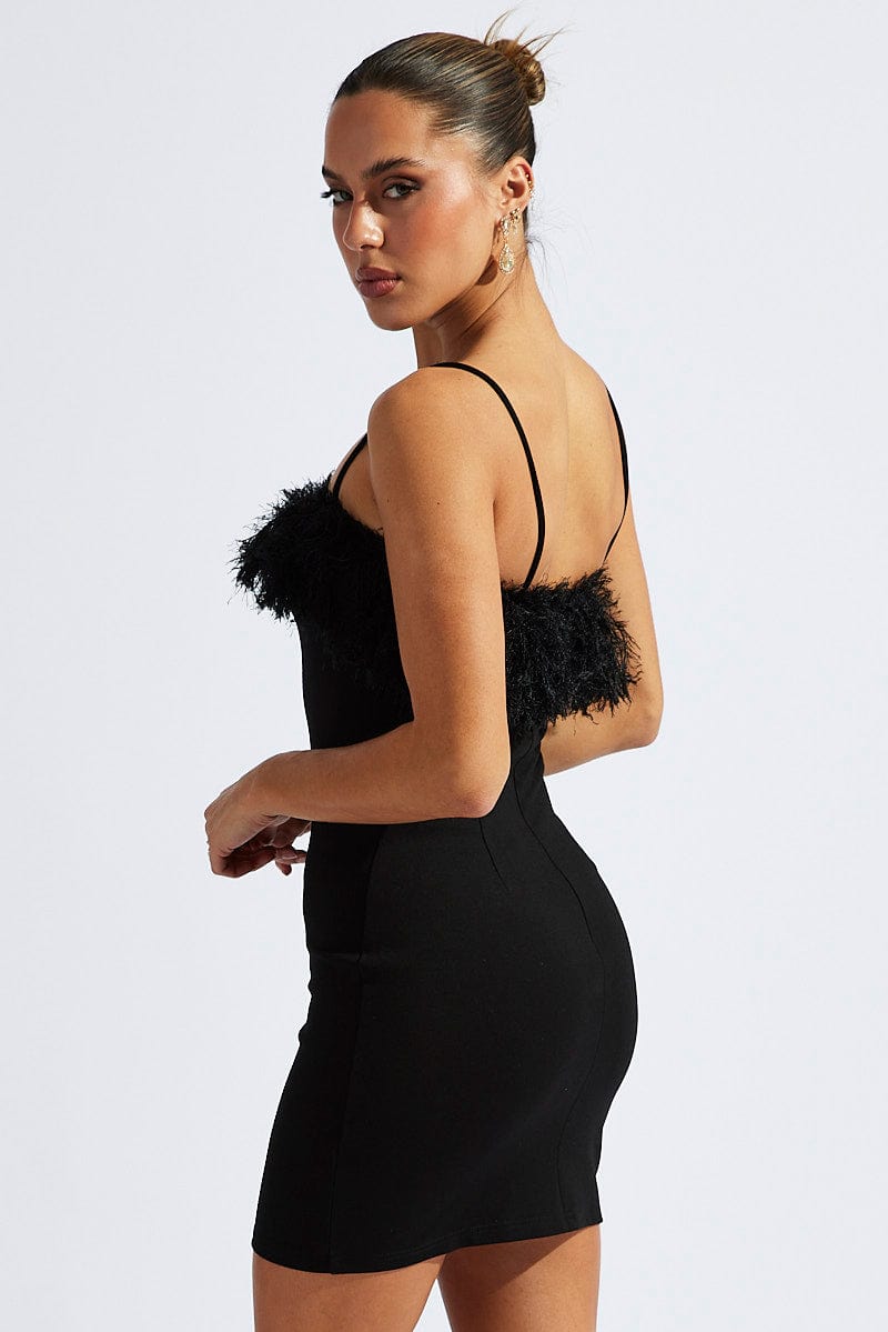 Black Faux Feather Trim Bodycon Strappy Mini Dress for Ally Fashion