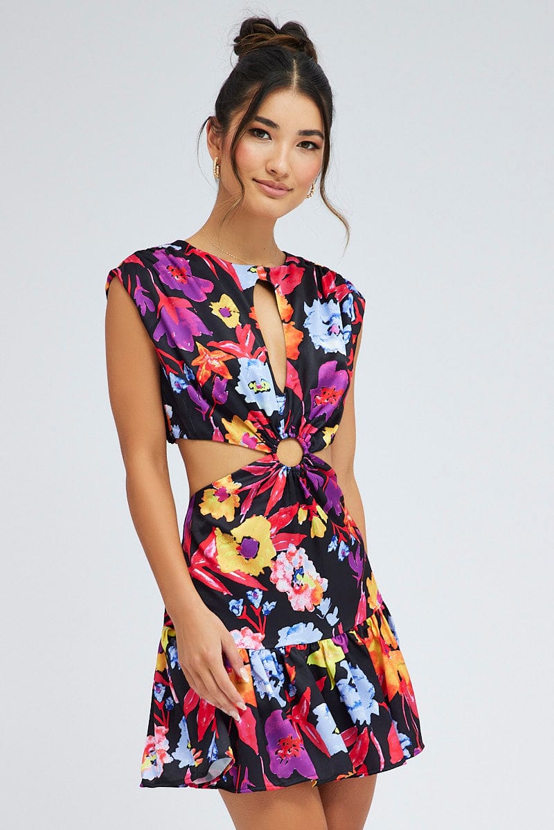 Multi Floral Bright Floral Ring Detail Keyhole Dress for Ally Fashion