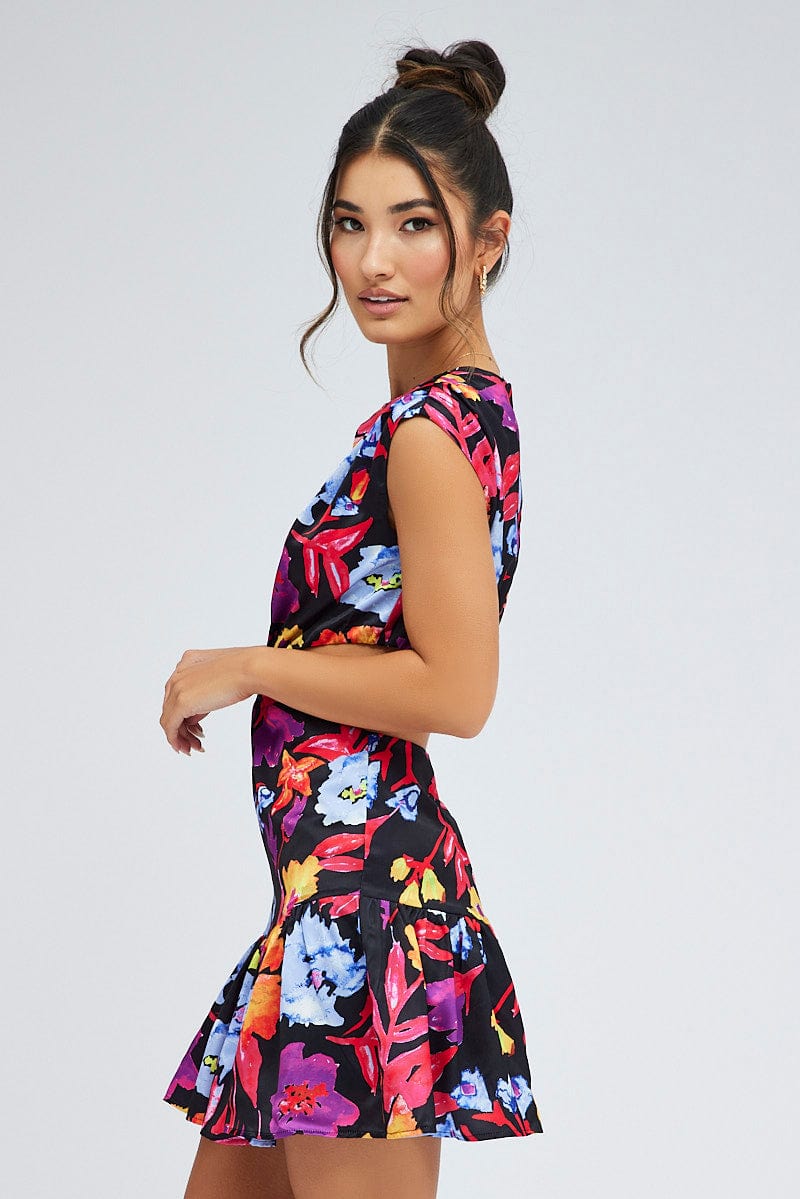 Multi Floral Bright Floral Ring Detail Keyhole Dress for Ally Fashion