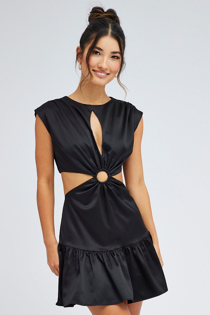 Black Black Ring Detail Keyhole Dress for Ally Fashion