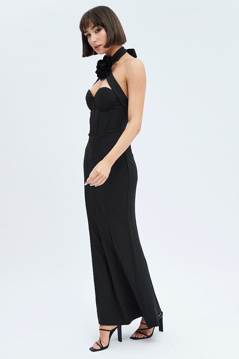 Black Detachable Rosette Brooch Statement Maxi Dress for Ally Fashion