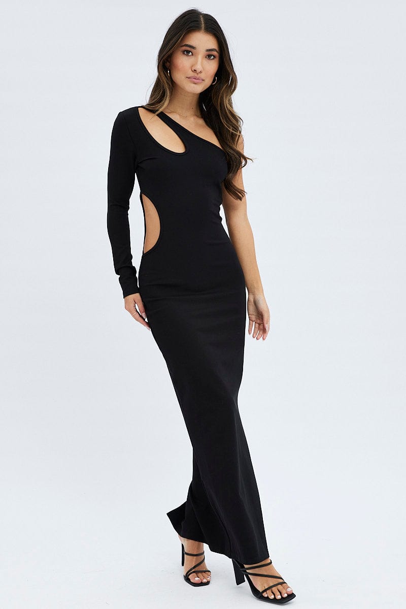 Black One Shoulder Cut Out Maxi Dress for Ally Fashion
