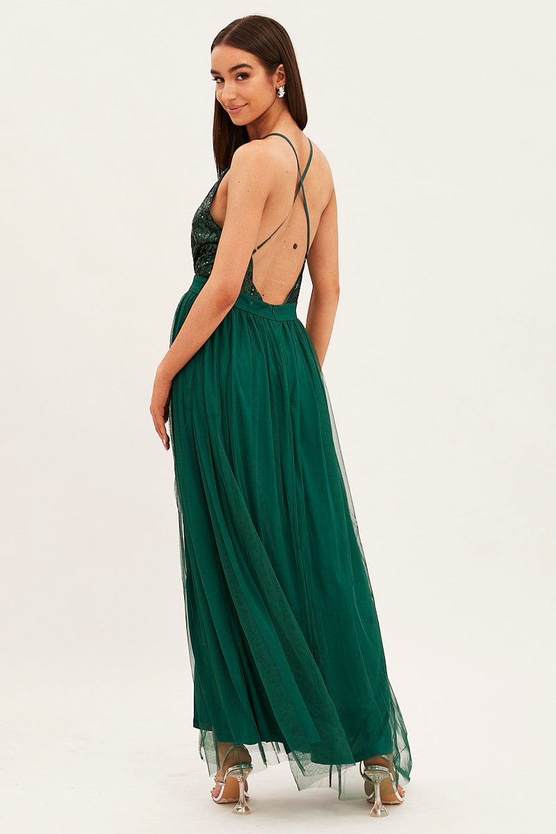 Green V Neck Party Maxi Dress