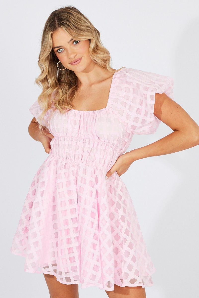 Pink Fit And Flare Dress Puff Sleeve Mini for Ally Fashion