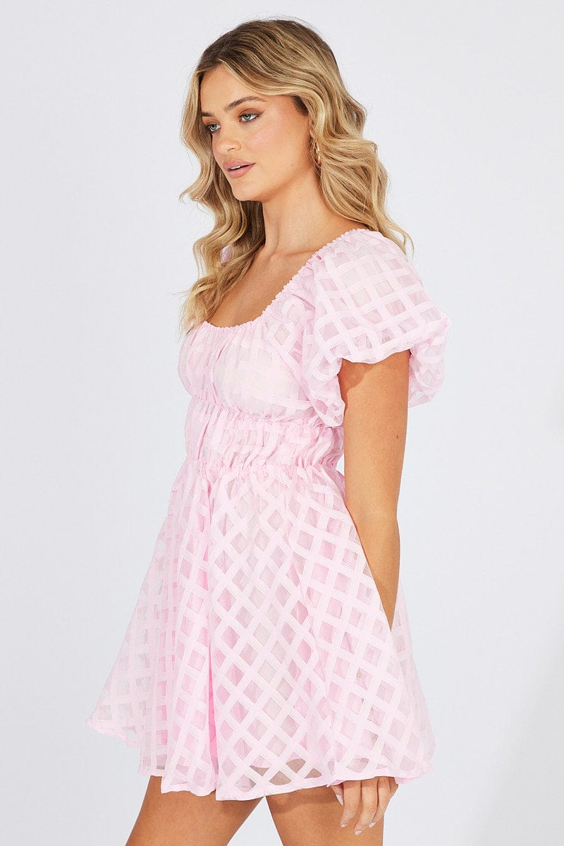 Pink Fit And Flare Dress Puff Sleeve Mini for Ally Fashion