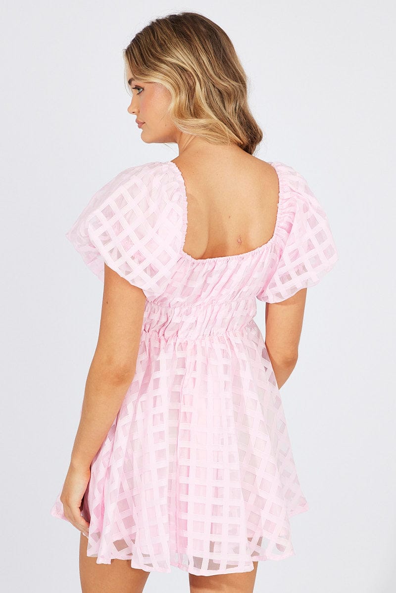 Pink Fit And Flare Dress Puff Sleeve Mini for Ally Fashion