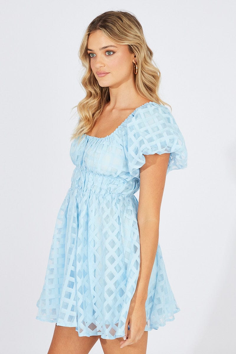 Blue Fit And Flare Dress Puff Sleeve Mini for Ally Fashion