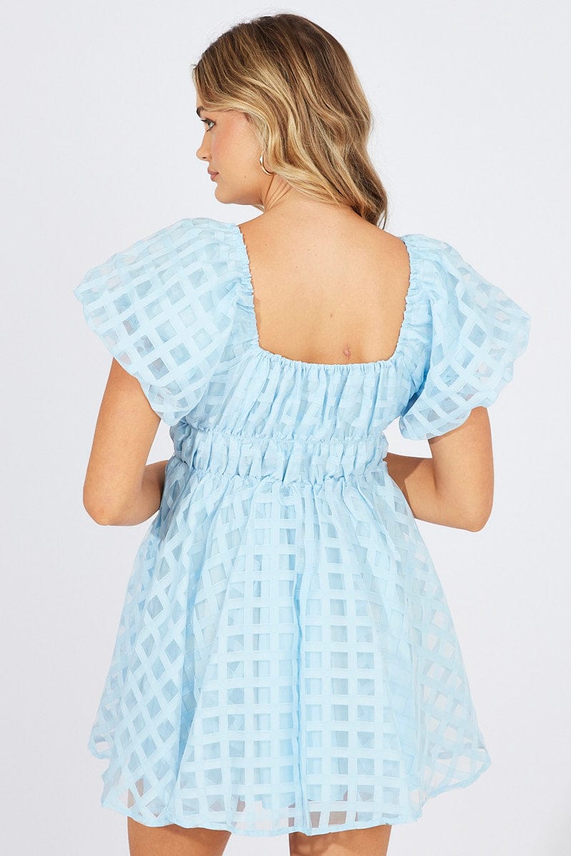 Blue Fit And Flare Dress Puff Sleeve Mini for Ally Fashion