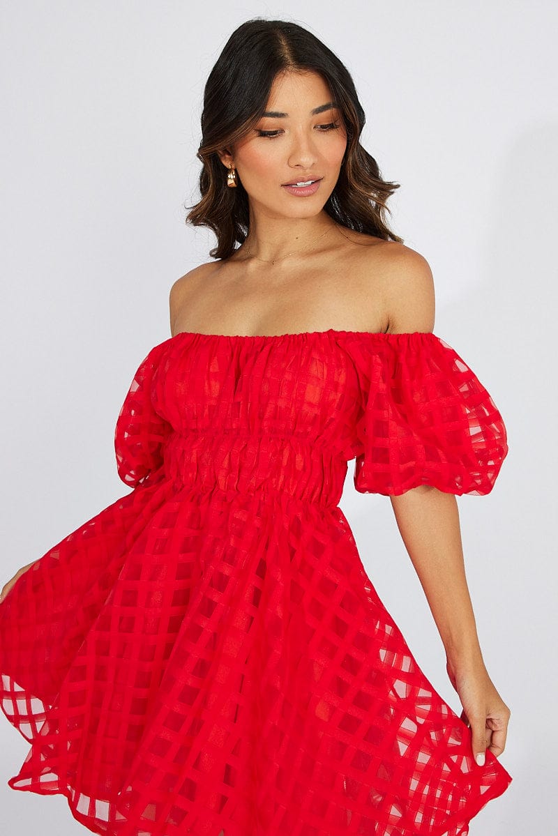 Red Fit And Flare Dress Puff Sleeve Mini for Ally Fashion