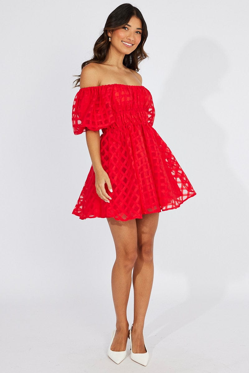 Red Fit And Flare Dress Puff Sleeve Mini for Ally Fashion