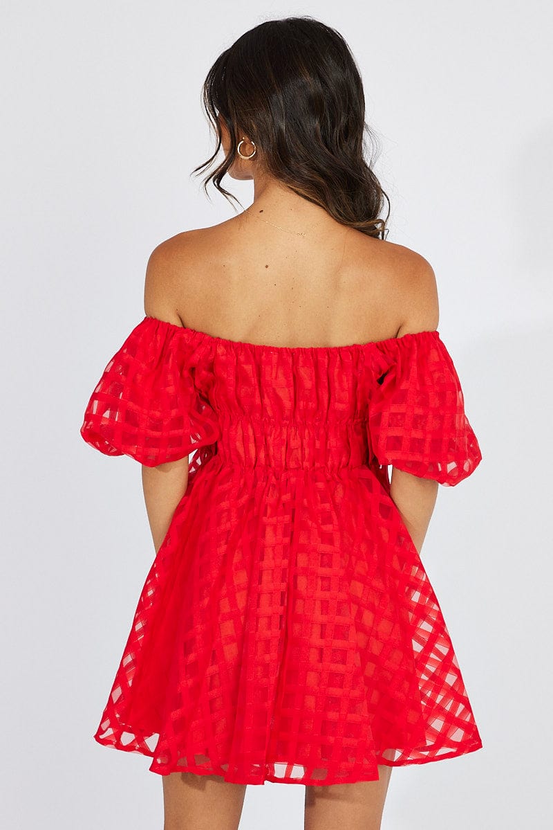 Red Fit And Flare Dress Puff Sleeve Mini for Ally Fashion