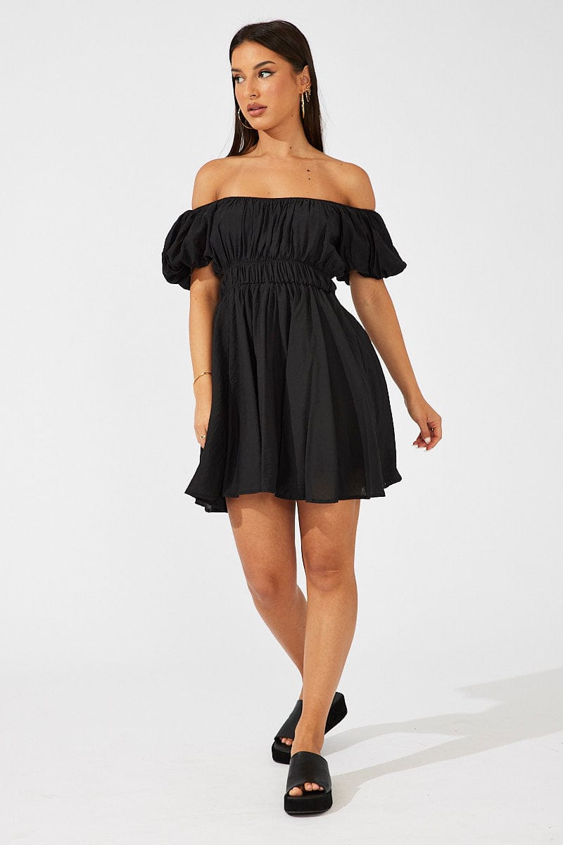 Black Fit and Flare Dress Short Sleeve Ruched for Ally Fashion